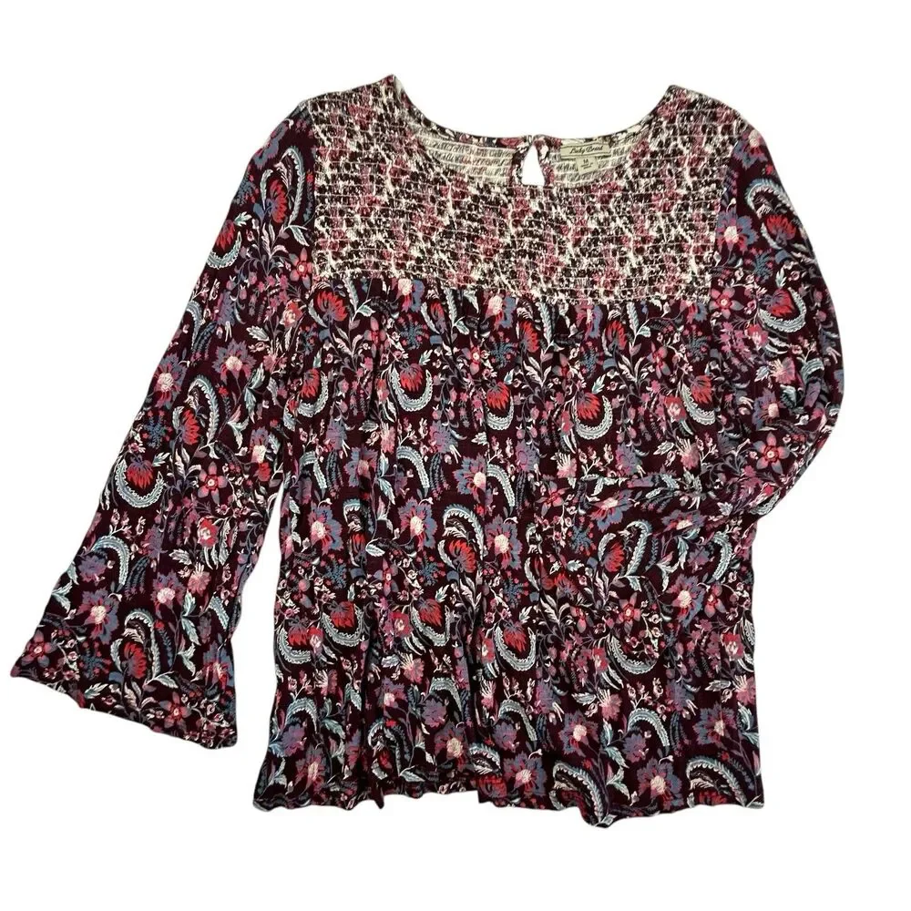 Lucky Brand Paisley Floral Smocked Top Women Medium Burgundy 3/4 Sleeve
